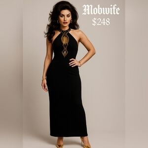 Vintage Beaded Halter Evening Gown Mobwife Estate Gold Sequin Art Deco Glamour